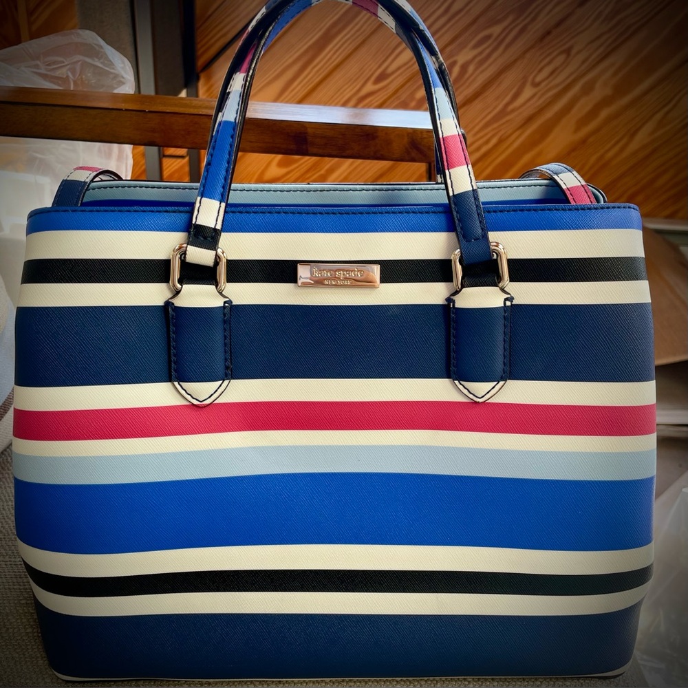 Kate Spade Blue white and red Striped satchel Bag
